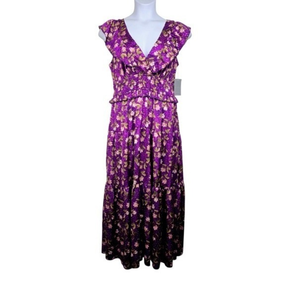 Melloday Womens Sleeveless Purple Pink Floral Print Ruffle Maxi Dress Size L NWT